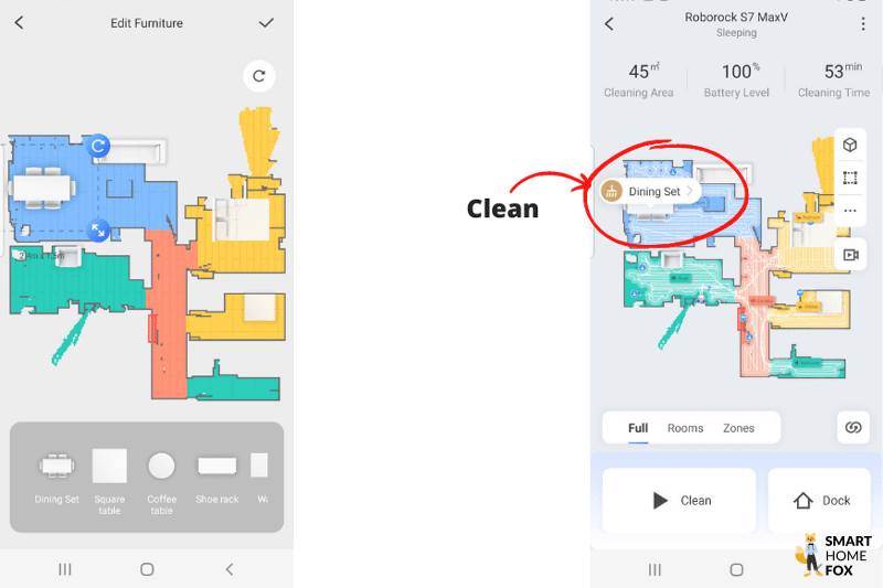 In der Roborock S7 MaxV App wird eingestellt, dass nur unter dem Tisch gereinigt wird